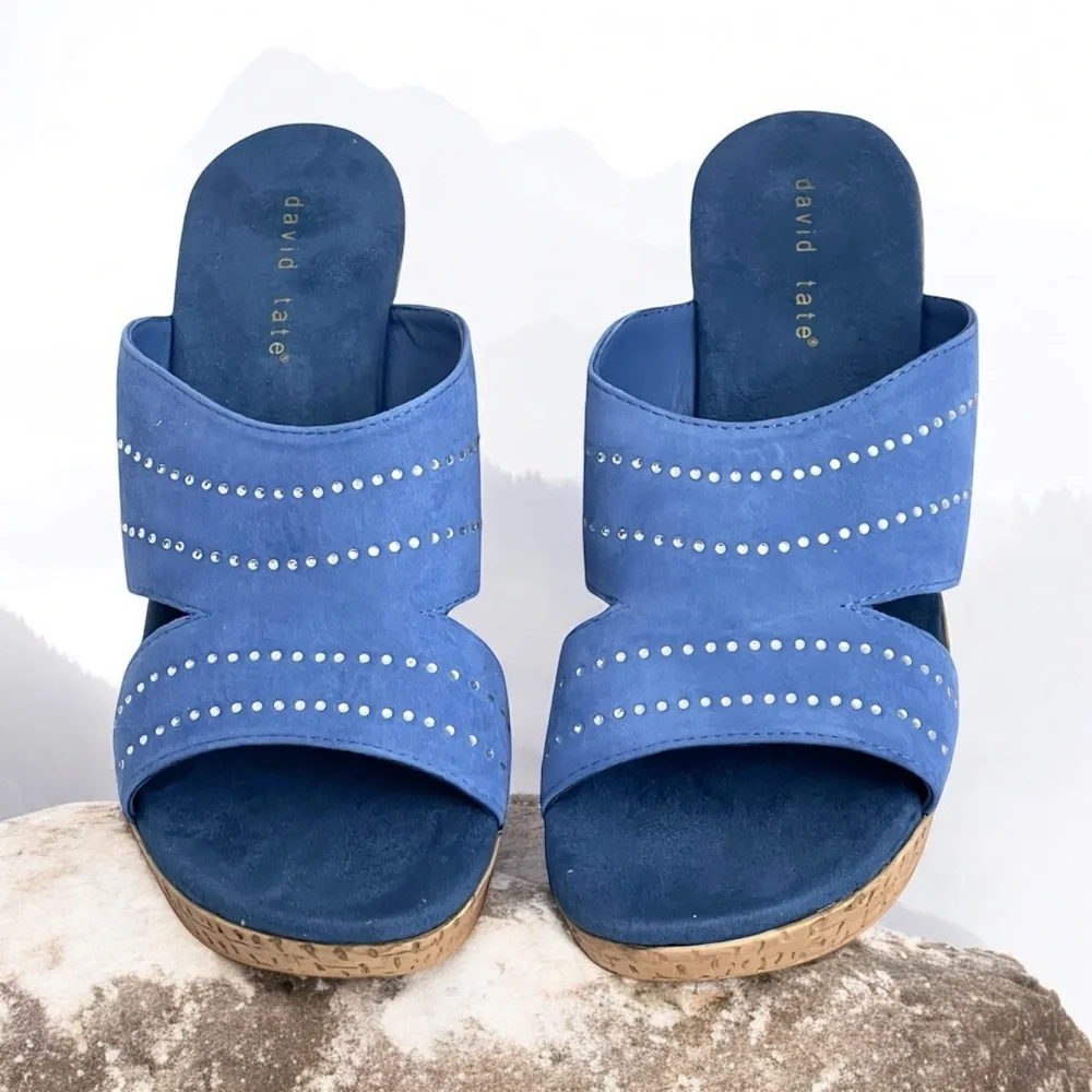 David Tate Wedge Open Toe Slip On‎ Sandals Leather Upper Embedded Rhinestones